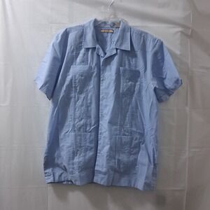 Havanera Men's Guayabera Shirt Short Sleeve Light Blue Embroidered Details Large